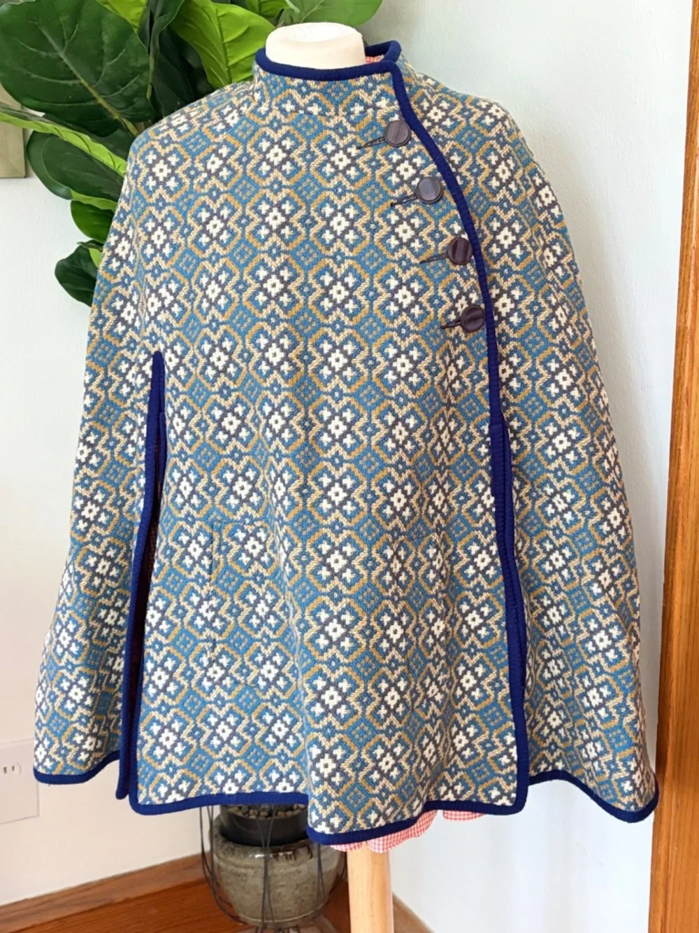 Vintage Welsh Wales Wool Tapestry Geometric Print Gold Blue White Asymmetric